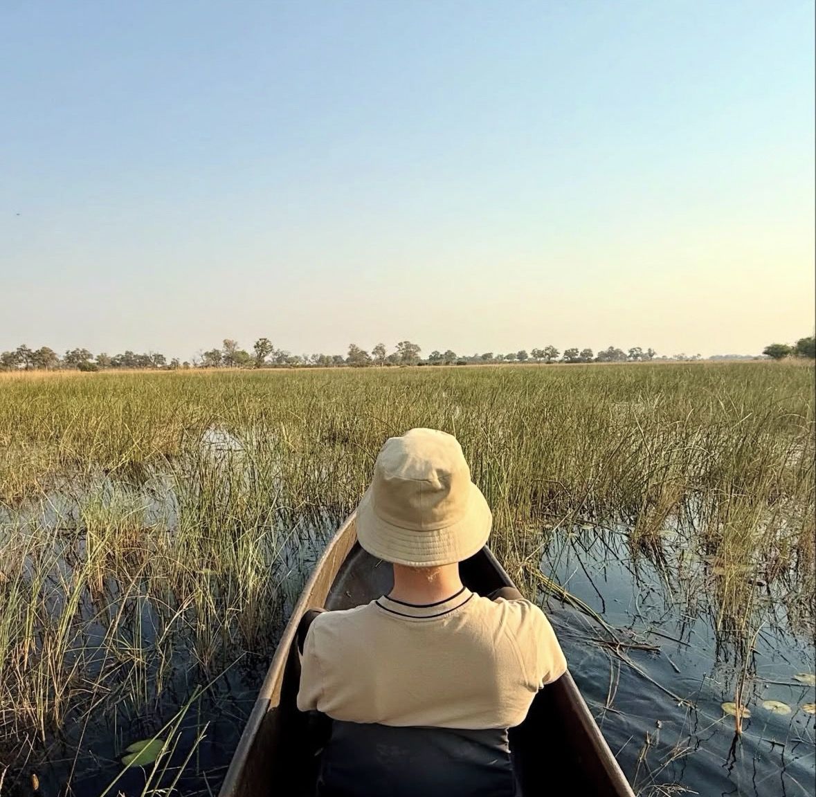 Lokaler Mokoro-Staker führt Touristen durch Schilfkanäle im Okavango Delta bei Sonnenuntergang
